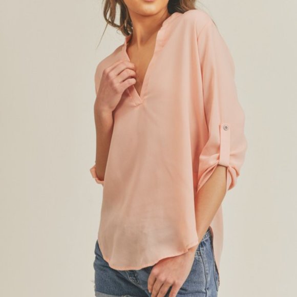 3/4 Tab Sleeve Blouse V Neck Sheer Lightweight Pink Yellow - Picture 3 of 6